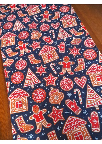 Yılbaşı Lacivert Zemin Kurabiye Adamlı Dijital Baskılı Runner fiyatları