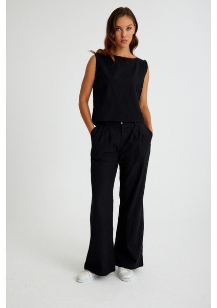 Keten Günlük Rahat Kolsuz Alt Üst Kadın Takım