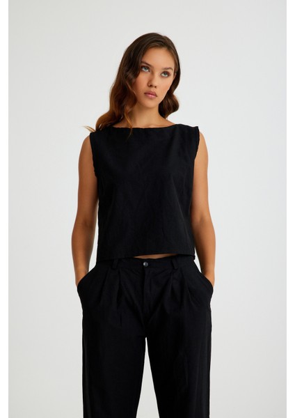 Keten Günlük Rahat Kolsuz Alt Üst Kadın Takım