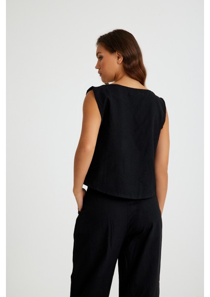 Keten Günlük Rahat Kolsuz Alt Üst Kadın Takım