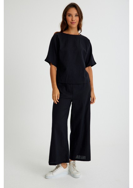 Keten Günlük Rahat Beli Lastikli Kadın İkili Takım Alt Üst