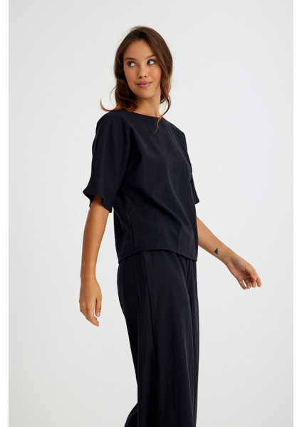 Keten Günlük Rahat Beli Lastikli Kadın İkili Takım Alt Üst