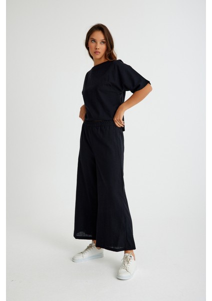 Keten Günlük Rahat Beli Lastikli Kadın İkili Takım Alt Üst