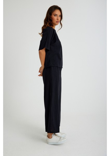 Keten Günlük Rahat Beli Lastikli Kadın İkili Takım Alt Üst