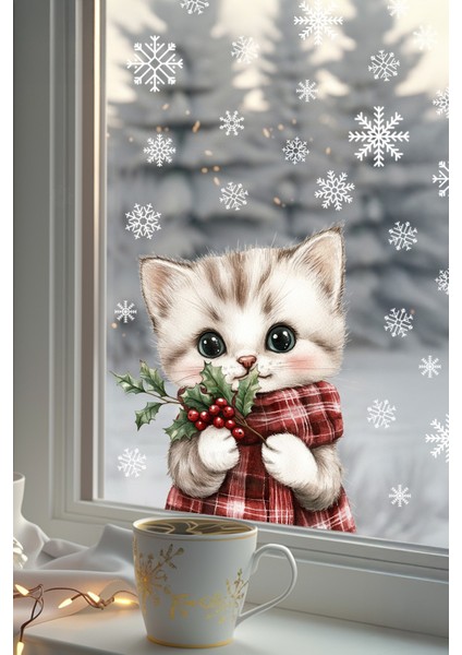 Şaşkın Kedi & Kar Taneleri Cam Süsü – Çift Taraflı Baskı %100 Net Görünüm - Yılbaşını Bekleyen Kedi