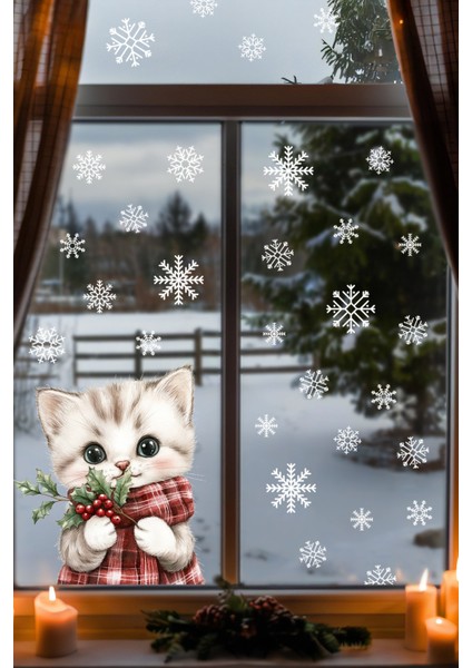 Şaşkın Kedi & Kar Taneleri Cam Süsü – Çift Taraflı Baskı %100 Net Görünüm - Yılbaşını Bekleyen Kedi modelleri
