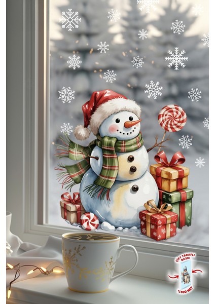 Kardan Adam Çift Taraflı Cam Sticker Seti – 42 Parça Kar Taneleriyle - Çift Taraflı Yeni Yıl Sticker