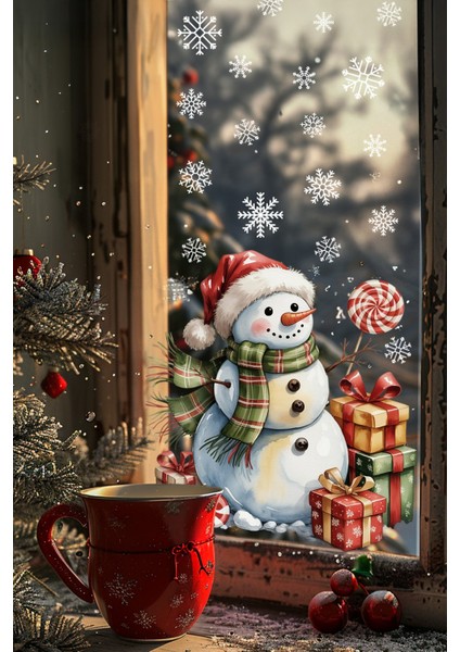 Kardan Adam Çift Taraflı Cam Sticker Seti – 42 Parça Kar Taneleriyle - Çift Taraflı Yeni Yıl Sticker fiyatları