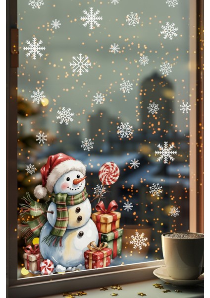 Kardan Adam Çift Taraflı Cam Sticker Seti – 42 Parça Kar Taneleriyle - Çift Taraflı Yeni Yıl Sticker modelleri