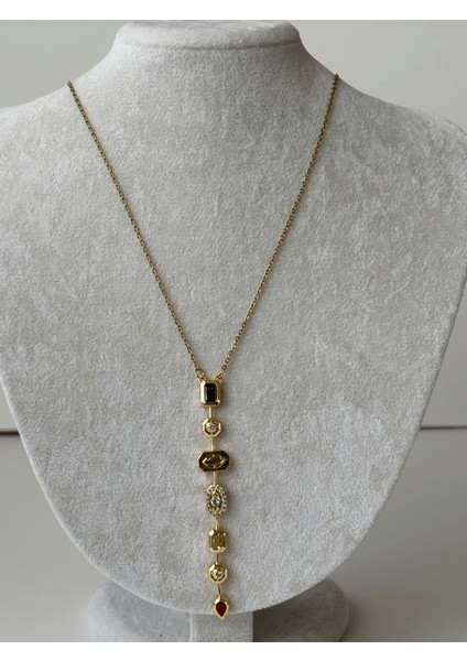 Yedi Elementli Renkli Taşlı Gold Y Kolye