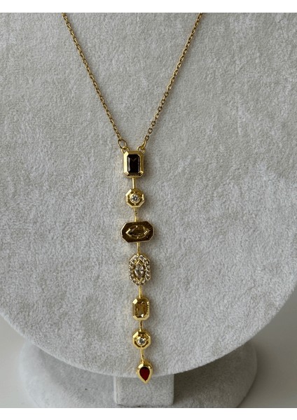 Yedi Elementli Renkli Taşlı Gold Y Kolye fiyatları