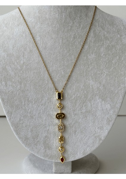 Yedi Elementli Renkli Taşlı Gold Y Kolye modelleri