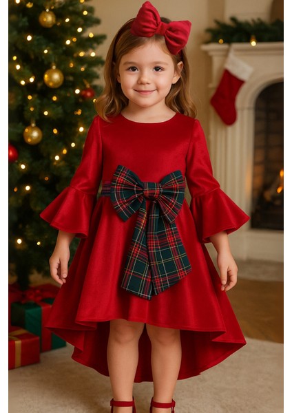 Kız Çocuk Ekose Kırmızı Kadife Noel Elbisesi – Çan Kol & Ekose Fiyonk Detaylı Özel Gün Elbisesi