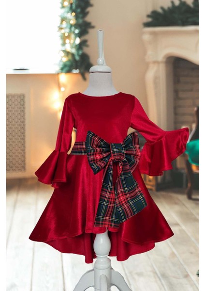 Kız Çocuk Ekose Kırmızı Kadife Noel Elbisesi – Çan Kol & Ekose Fiyonk Detaylı Özel Gün Elbisesi fiyatları
