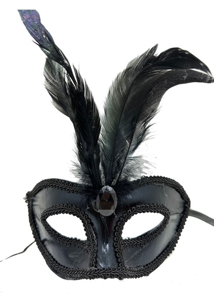 Siyah Renk Rugan Kaplama Kırmızı Tüylü Parti Maskesi 18x20 cm fiyatları