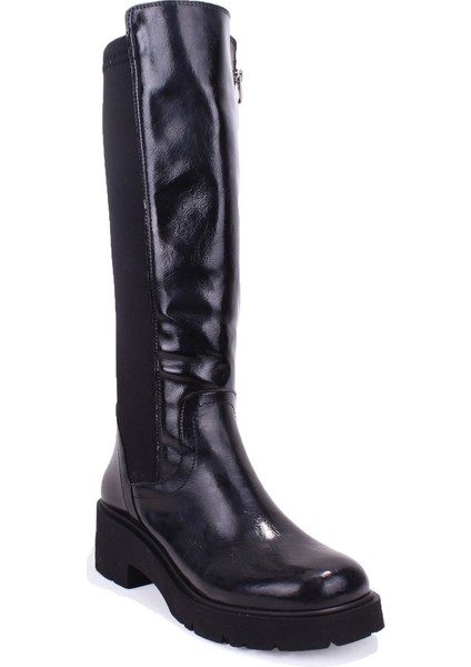 DZA07-8961105 Siyah Rugan Günlük Streçli Düz Topuk Kadın Çizme