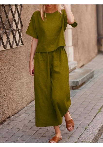 Keten Günlük Rahat Beli Lastikli Kadın İkili Takım Alt Üst fiyatları