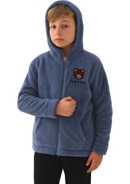 Erkek Çocuk Hırka Welsoft Happy Yazılı Sıcak Tutan Hırka Mavi 8-12 Yaş