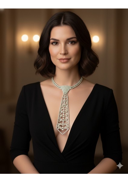 Gümüş Rengi Kristal Taşlı Kravat Kolye fiyatları