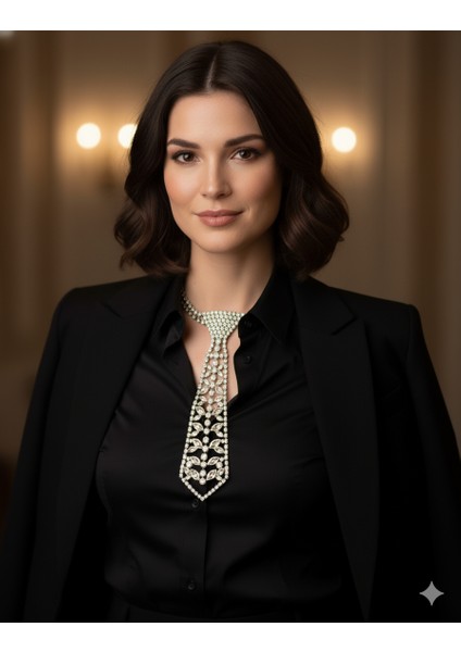 Gümüş Rengi Kristal Taşlı Kravat Kolye modelleri