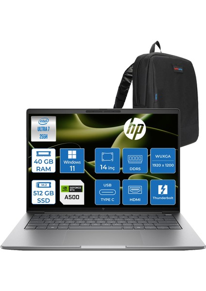 Zbook 8 G1I Intel Core Ultra 7 255H 40GB Ddr5 512GB SSD 4GB/RTXA500 14" Wuxga Düşük Mavi Işık 300NIT %62,5 Srgb Windows 11 Pro Taşınabilir Iş Istasyonu B30HBESP13 + Zettaçanta