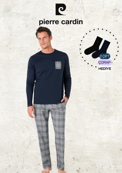 Erkek %100 Pamuk Ekose Detaylı 2 Parça Lacivert Pijama Takımı (2 Adet Hediye Çorap) L1.PC.6107.001