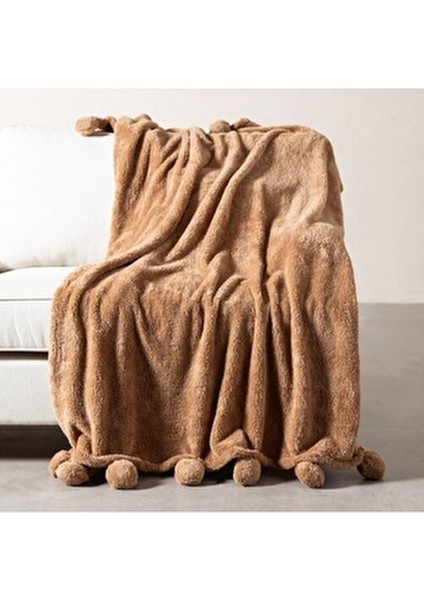 Ponponlu Diz Üstü Battaniye Bej 130X160