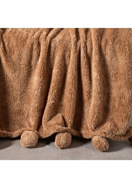 Ponponlu Diz Üstü Battaniye Bej 130X160