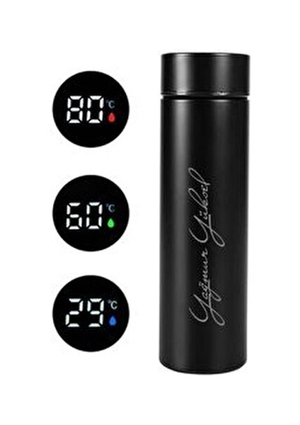 Kişiye Özel Siyah Dereceli Çelik Dijital LED Sıcaklık Göstergeli Akıllı Termos Matara 500ML