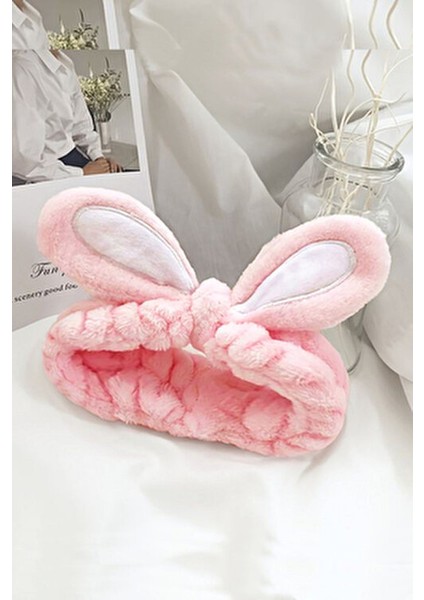 Peluş Pembe Tavşan Makyaj ve Banyo Bandı Seti