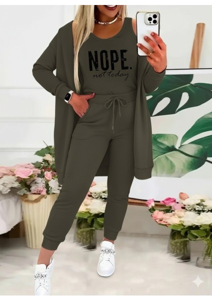 Kadın Askılı Yuvarlak Yaka Yazılı Viskon Iki Iplik Bluz Ceket ve Pantolon 3lü Takım