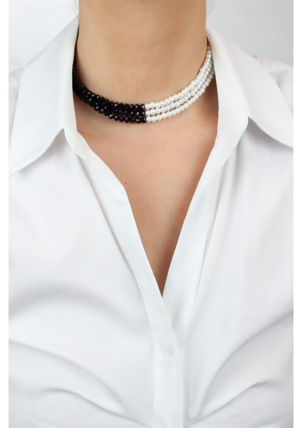 Siyah Kristal ve Cam Inci Üç Sıralı Kolye fırsatları