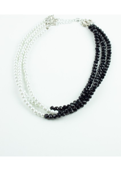 Siyah Kristal ve Cam Inci Üç Sıralı Kolye indirimleri