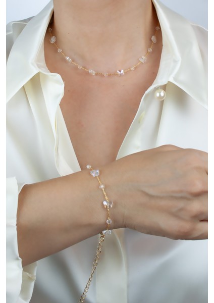 Kristal Taşlı Gold Ince Zincir Kolye Bileklik Set