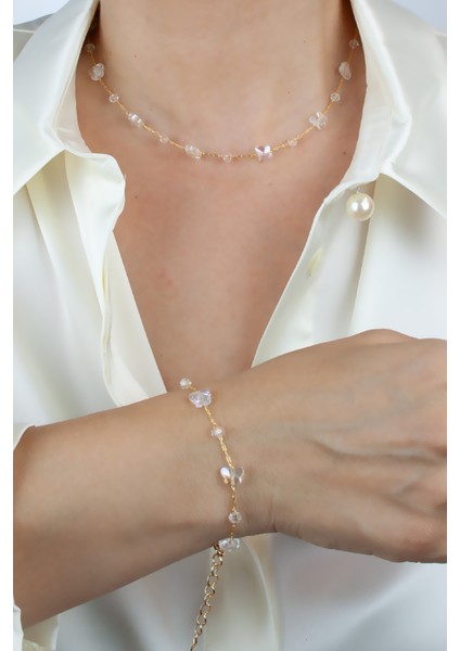 Kristal Taşlı Gold Ince Zincir Kolye Bileklik Set fiyatları