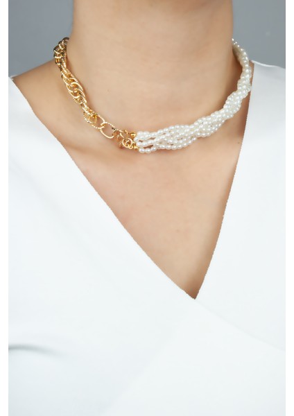 Işlemeli Zincir Inci Kolye