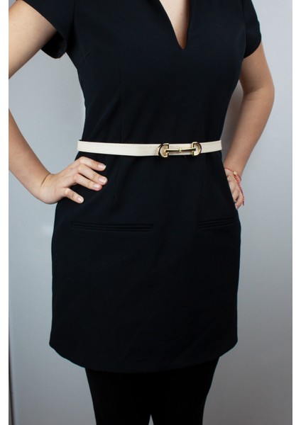 Gold Metal Tokalı Ince Vegan Deri Kemer