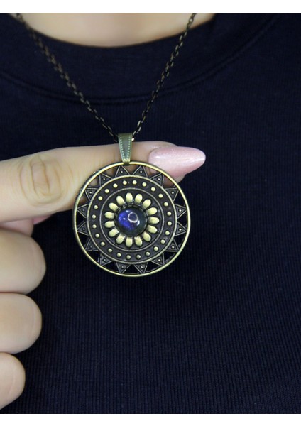 Doğal Taş Labradorit Doğal Taşlı Yuvarlak Model Antik Kadın Kolye EUK46LBT