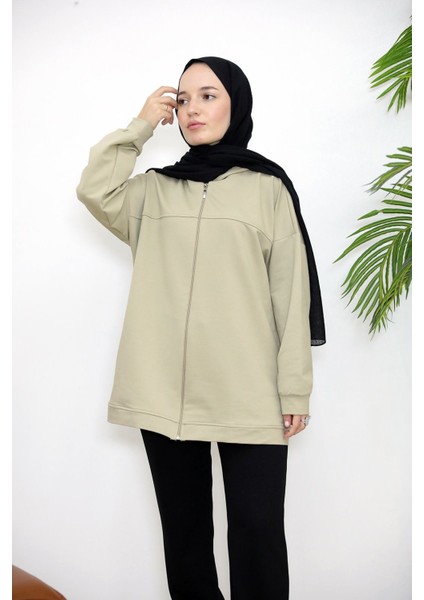 Kapşonlu Fermuar Detay Hırka-Mint