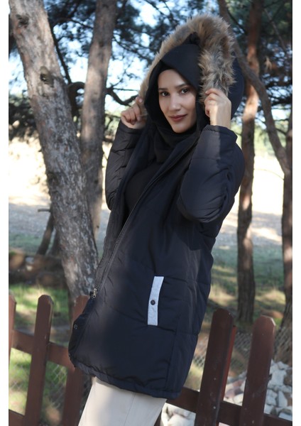 Kışlık Kürk Yaka Şişme Kadın Tesettür Mont