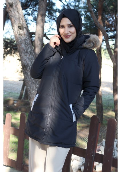 Kışlık Kürk Yaka Şişme Kadın Tesettür Mont