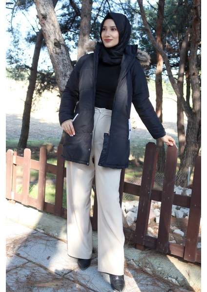 Kışlık Kürk Yaka Şişme Kadın Tesettür Mont