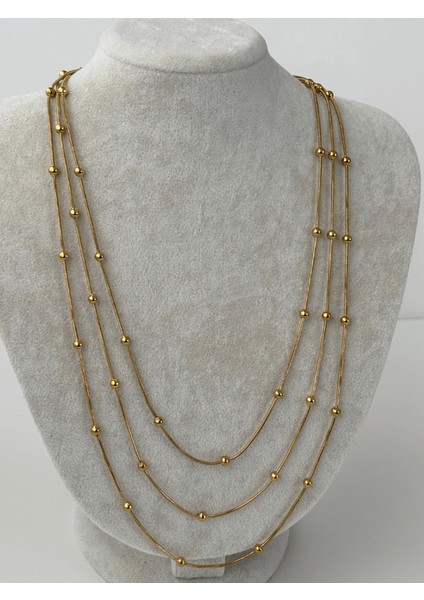 Üç Sıralı Dorika Taşlı Gold Kolye