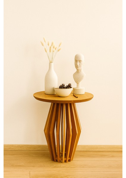 Palermo Yuvarlak Modern Klasik Rustik Retro Vintage Naturel Dekoratif Ahşap Çıtalı Yan Mantar Sehpa