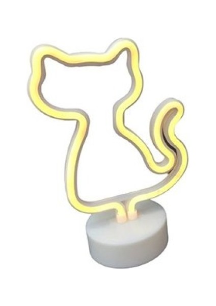 Neon Işıklı Kedi Lamba Pil+Usb Pembe Işık