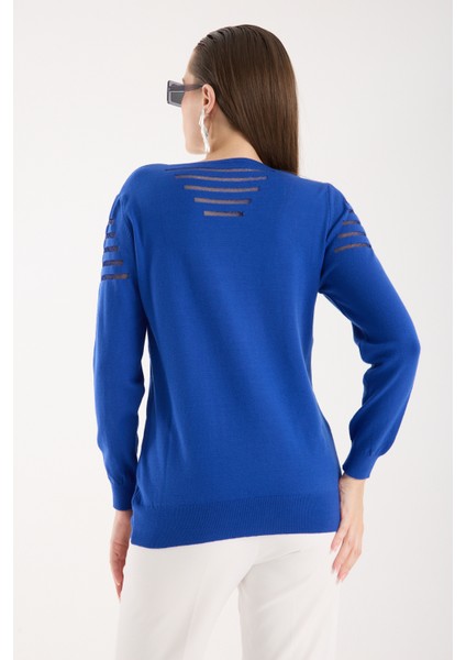 Kadın Saks Mavisi Simli Kumaş Detaylı V Yaka Triko Bluz fiyatları