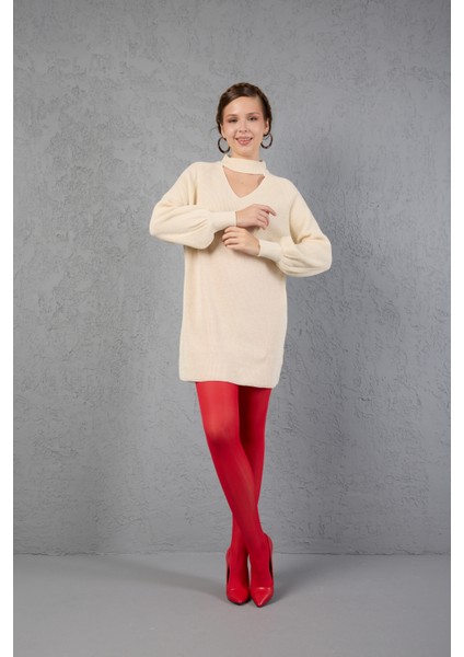 Kadın Ekru Simli Selanik Örgü Reglan Balon Kollu Choker Yaka Triko Kazak