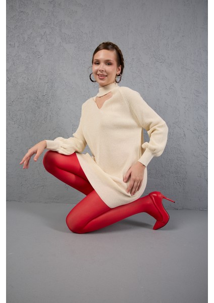 Kadın Ekru Simli Selanik Örgü Reglan Balon Kollu Choker Yaka Triko Kazak modelleri