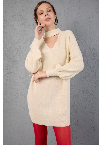 Kadın Ekru Simli Selanik Örgü Reglan Balon Kollu Choker Yaka Triko Kazak fırsatları