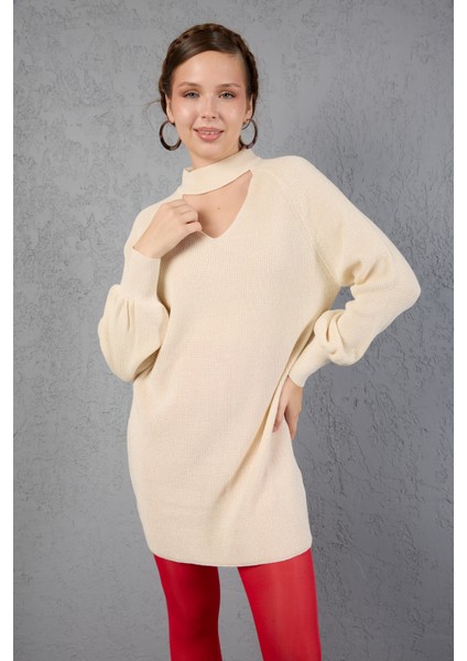 Kadın Ekru Simli Selanik Örgü Reglan Balon Kollu Choker Yaka Triko Kazak indirimleri